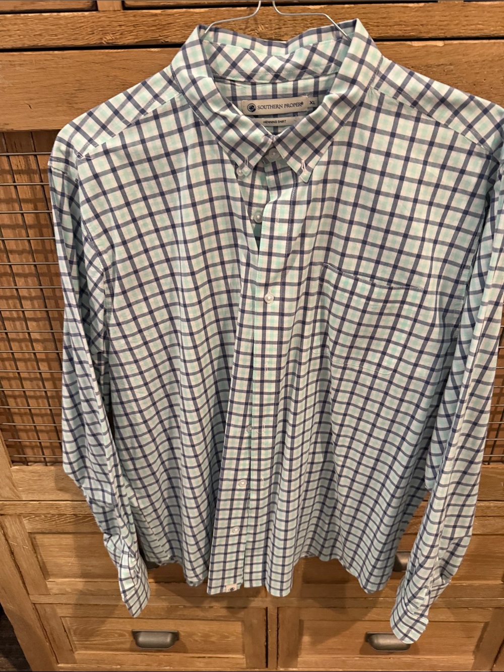Southern Proper Men's Mint Green & Navy Windowpane Button-Down Shirt sz XL